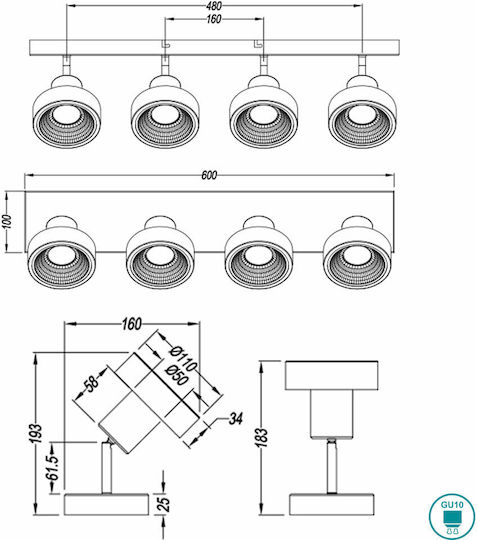 Trio Lighting Leon Σποτ με 4 Φώτα και με Ντουί GU10 σε Ασημί Χρώμα