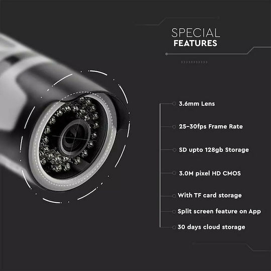V-TAC VT-5157 IP Cameră de Supraveghere Wi-Fi Full HD+ 3MP Rezistentă la apă cu Comunicare Bidirecțională și Lentilă 3.6mm
