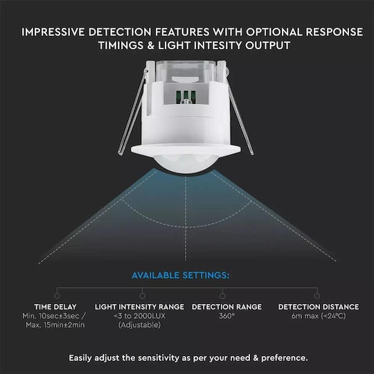 V-TAC VT-8029 Ενσύρματος Αισθητήρας Κίνησης Υπερύθρων 360° Εμβέλειας 6m