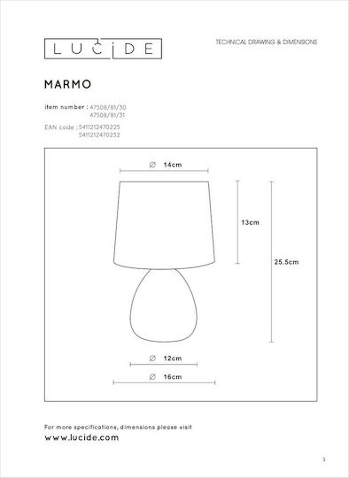 Lucide Lightning Marmo Κεραμικό Πορτατίφ για Ντουί E14 με Λευκό Καπέλο και Βάση