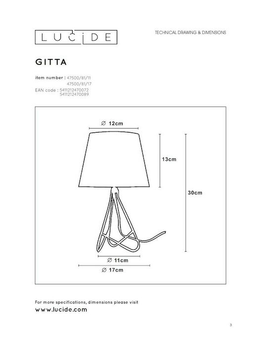 Lucide Lightning Gitta Μεταλλικό Πορτατίφ για Ντουί E14 με Λευκό Καπέλο και Μπρούτζινη Βάση