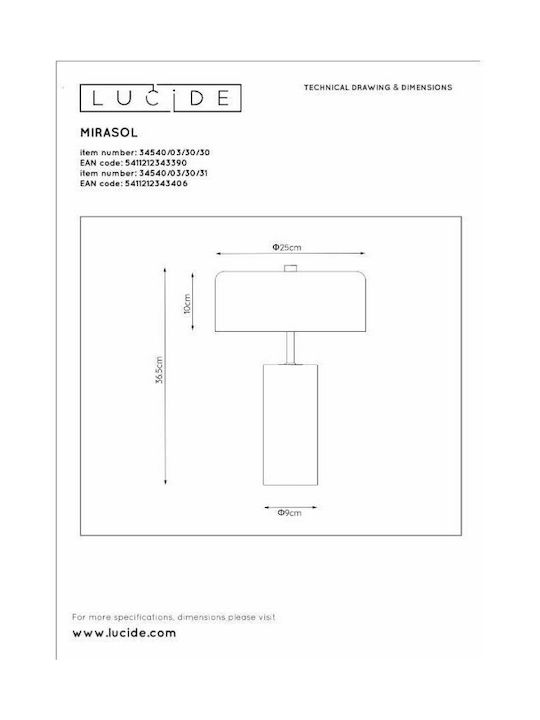 Lucide Lightning Mirasol Ceramic Table Lamp for Socket G9 with Gold Shade and Black Base
