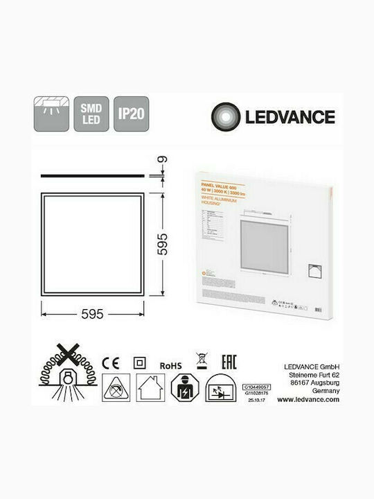 Ledvance Panel Value Square Recessed LED Panel 40W with Natural White Light 4000K 60x60cm