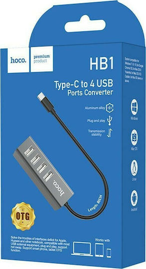 Hoco HB1 USB-Hub mit 4 Anschlüssen USB 2.0 mit USB-A Anschluss in Grau