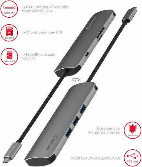 Swissten USB-Hub 6 Anschlüsse USB 3.0 mit USB-C Anschluss Silbern