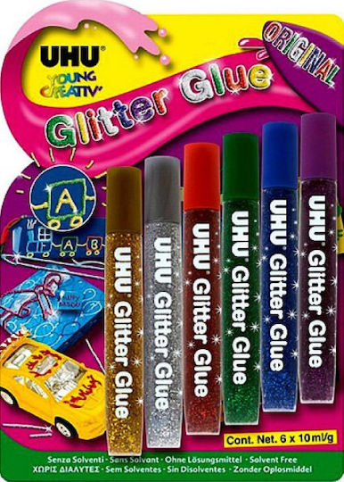 UHU Κόλλα Glitter Πολύχρωμη 10ml Σετ 6τμχ