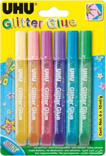 UHU Κόλλα Glitter Πολύχρωμη 10ml Σετ 6τμχ
