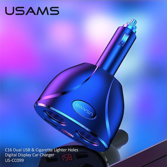 Usams US-CC099 Φορτιστής Αυτοκινήτου 96W 2.4A με Θύρες: 2xUSB 2xΑναπτήρα Μαύρο Χρώμα