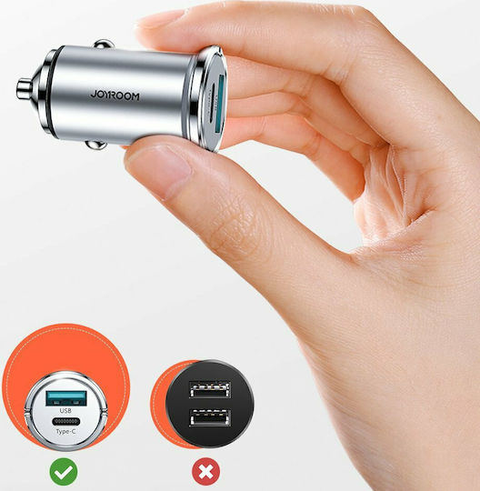 Joyroom C-A45 Автомобилен Зарядно Устройство 20W 4A Бързо Зареждане с Портове 1xUSB-A 1xType-C Сив Цвят