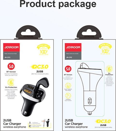 Joyroom JR-CP2 Φορτιστής Αυτοκινήτου 28W 2A με Θύρες: 2xUSB και Ακουστικά Bluetooth Μαύρο Χρώμα