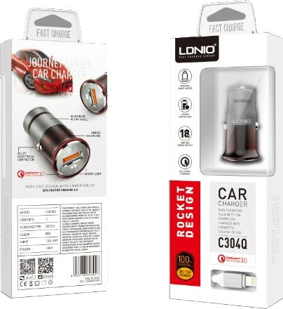 Ldnio C304Q Car Charger 3A Fast Charging with one Port: 1xUSB with Cable Lightning Black Color