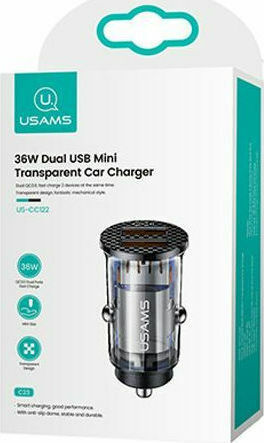 Usams Φορτιστής Αυτοκινήτου US-CC122 36W Γρήγορης Φόρτισης με Θύρες: 2xUSB Μαύρος