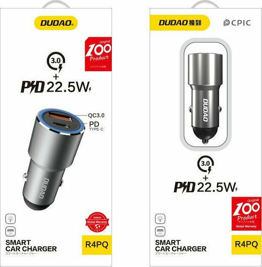 Dudao R4PQ Autoladegerät 22.5W 3A Schnellladen mit Anschlüssen: 1xUSB 1xType-C zusammen mit Kabeltyp Type-C Gray Farbe