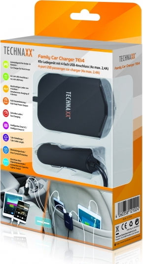 Technaxx Φορτιστής Αυτοκινήτου 6.5W 4.8A με Θύρες: 4xUSB-A μαζί με Καλώδιο Ενσωματωμένο Μαύρο Χρώμα