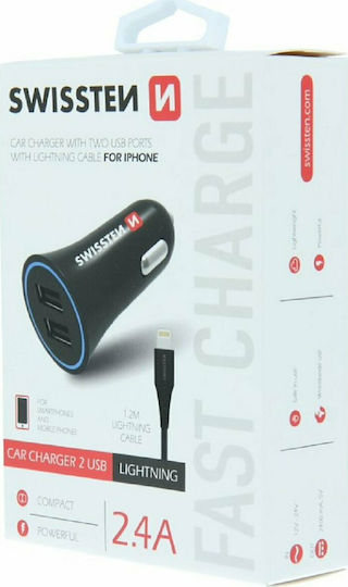 Swissten Încărcător Auto 12W 2.4A cu Porturi: 2xUSB împreună cu Cablu Lightning Negru Culoare
