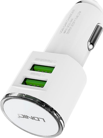 Ldnio DLC29 Автомобилен Зарядно Устройство 3.4A с Портове 2xUSB-A Бял Цвят