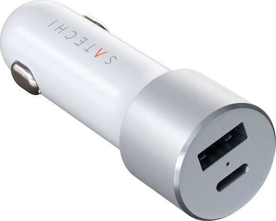 Satechi Auto-Ladegerät 72W 3A mit Anschlüssen: 1xUSB 1xType-C mit Kabel Typ-C,TC-TC Silber Farbe