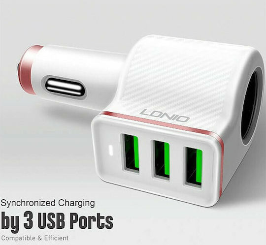 Ldnio Car Charger 4.2A with Ports 3xUSB-A 1xLighter White Color