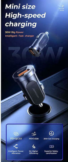 Joyroom Φορτιστής Αυτοκινήτου C-A08 30W 1.5A με Θύρες: 1xUSB 1xType-C Μαύρος
