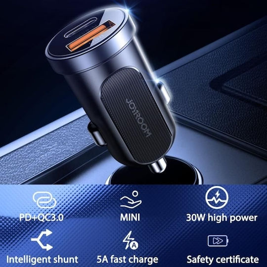 Joyroom Φορτιστής Αυτοκινήτου C-A08 30W 1.5A με Θύρες: 1xUSB 1xType-C Μαύρος