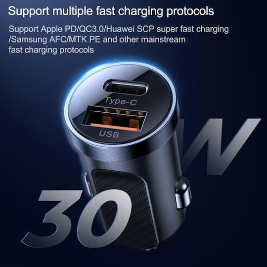 Joyroom Φορτιστής Αυτοκινήτου C-A08 30W 1.5A με Θύρες: 1xUSB 1xType-C Μαύρος