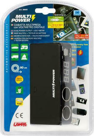 Lampa Multi-Power Φορτιστής Αυτοκινήτου 3.1A με Θύρες: 2xUSB 2xΑναπτήρα μαζί με Καλώδιο Ενσωματωμένο και Βολτόμετρο Πολύχρωμος