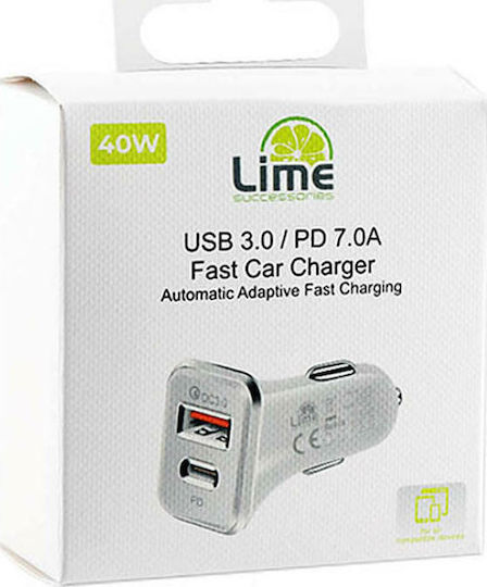 Lime Lime Handy-Autoladegerät 40W 3.1A Schnellladen mit 2xUSB Anschlüssen inklusive Kabel Typ-C Weiß Farbe
