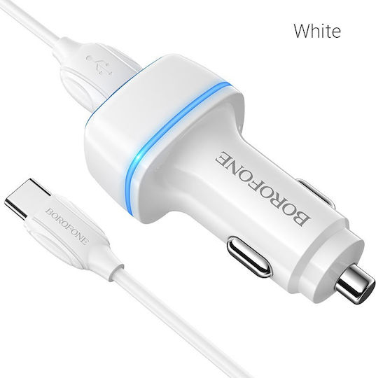 Borofone BZ14 Auto-Ladegerät 12W 2.4A mit Anschlüssen: 1xUSB 1xType-C Weiß Farbe