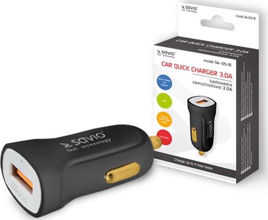 Savio Car Charger 3A Fast Charging with one Port: 1xUSB Black Color