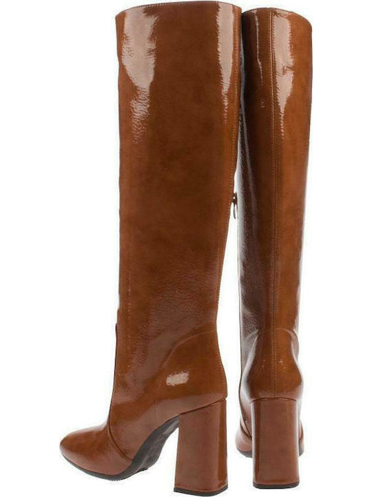 Damenstiefel aus Lackleder mit hohem Absatz Tabac Braun