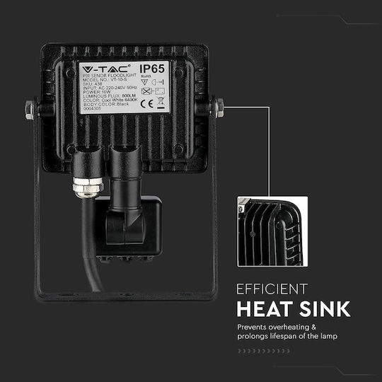V-TAC Vt-10-s Wasserdichter LED Flutlichter 10W Warmes Weiß 3000K mit Bewegungssensor IP65