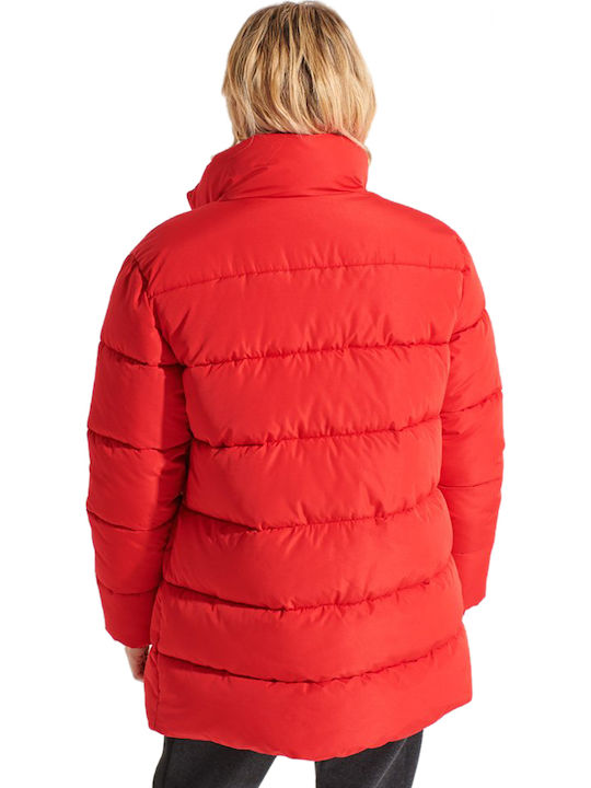 Superdry Lang Damen Puffer Jacke für Winter Rot