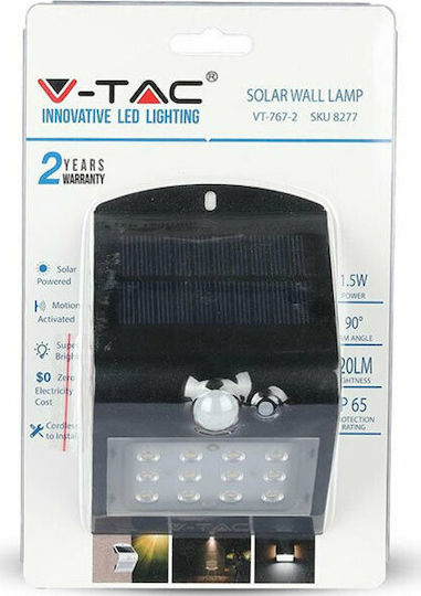 V-TAC Wandmontiert Solarleuchte 1.5W 220lm Natürliches Weiß 4000K mit Bewegungssensor und Fotokontakt IP65