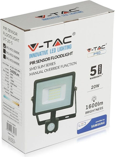 V-TAC Στεγανός Προβολέας LED 20W Θερμό Λευκό 3000K με Αισθητήρα Κίνησης IP65