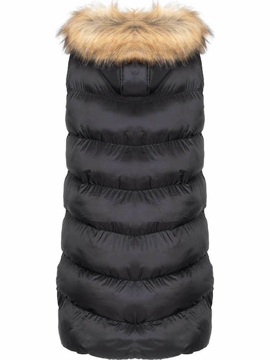 Prince Oliver Lang Damen Ärmellos Puffer Jacke mit pelziger Kapuze für Winter Schwarz