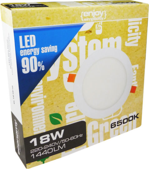 Elvhx Кръгла Вграден LED Панел 18W с Студено бяло Светлина 6500К 22.5см.
