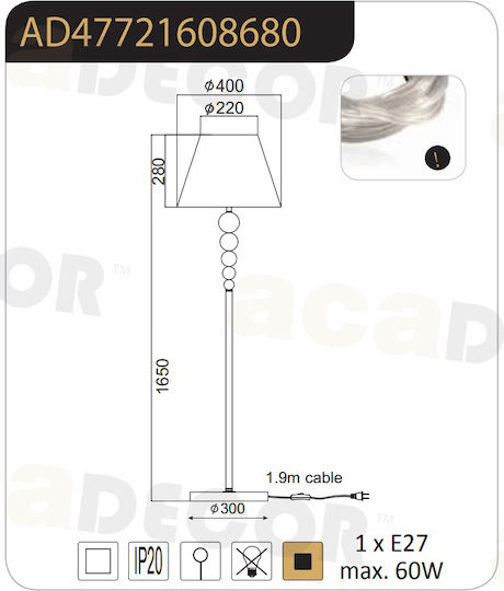 Aca Aca Textile Stehlampe H165xM40cm mit E27 Lampenbirnensockel Chrom und Weiß