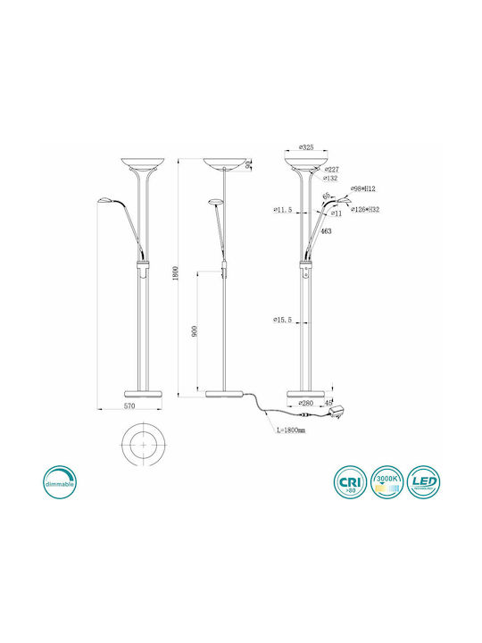 Trio Lighting Orson LED Φωτιστικό Δαπέδου Υ180xΜ32εκ. με Θερμό Λευκό Φως 2700lm Ασημί