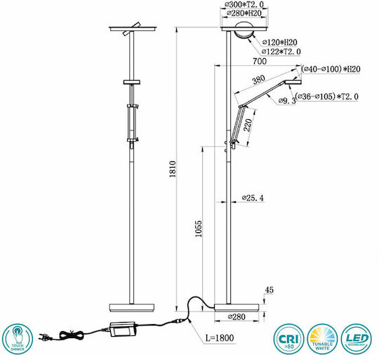 Trio Lighting Barrie LED Φωτιστικό Δαπέδου Υ181xΜ30εκ. με Ρυθμιζόμενο Λευκό Φως 4000lm Ασημί