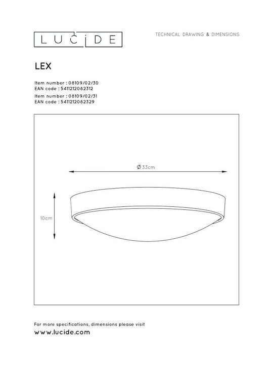Lucide Lightning Lex Ceiling Mount Light 33cm White with Socket E27