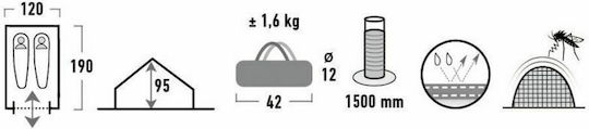 High Peak Minipack 2 Summer Camping Tent Blue with Double Cloth for 2 People 190x120x95cm
