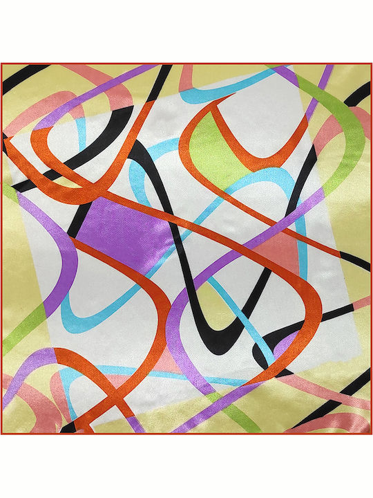 Μαντήλι Γυναικείο Σατέν τετράγωνο 50εκ. x 50εκ Πορτοκαλί με πολύχρωμες Abstract καμπύλες