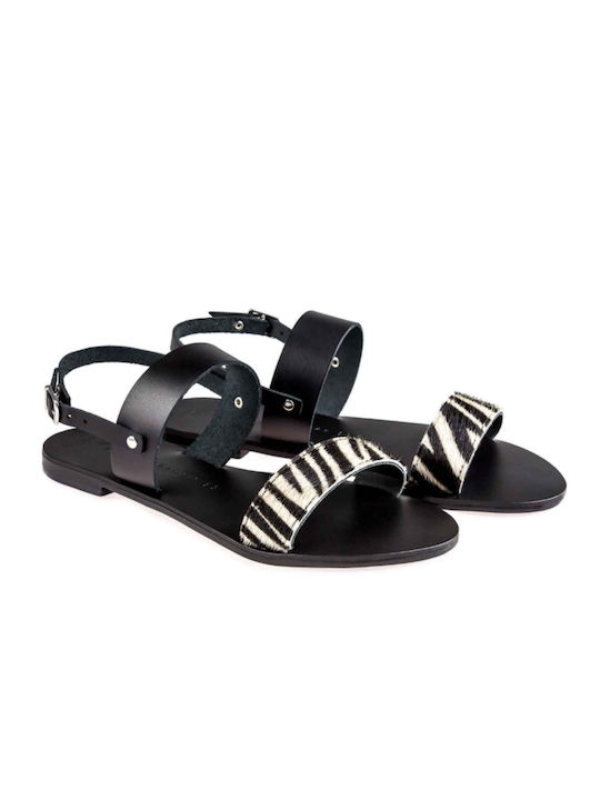 Lainas Naxos 841 Leather Women's Flat Sandals with Strap Zebra / Black