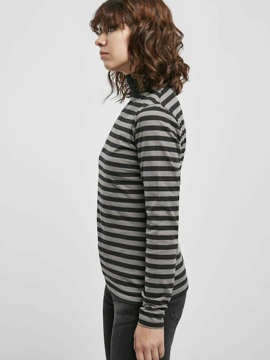 Women's Blouse Cotton Long Sleeve Turtleneck Striped Asphalt/Black