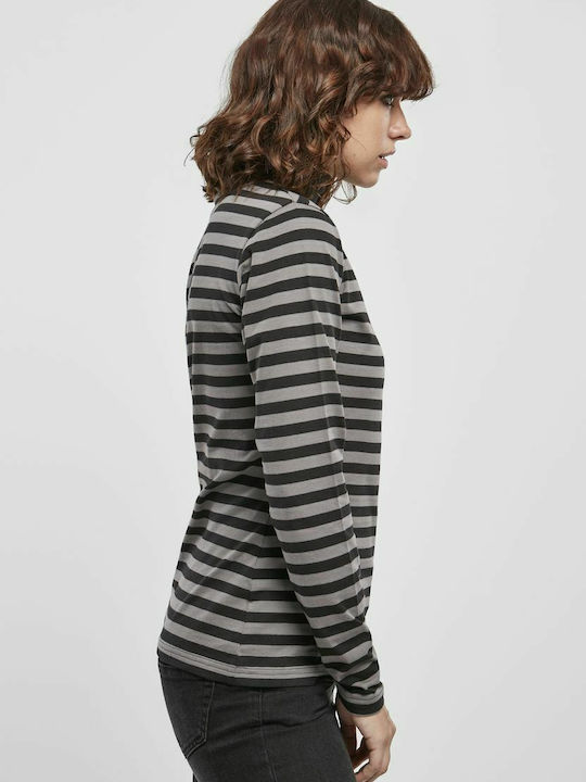 Women's Blouse Cotton Long Sleeve Turtleneck Striped Asphalt/Black