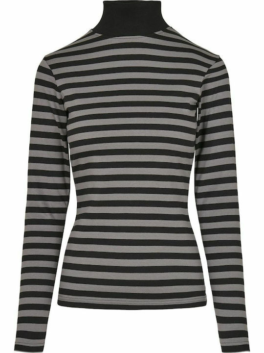 Women's Blouse Cotton Long Sleeve Turtleneck Striped Asphalt/Black