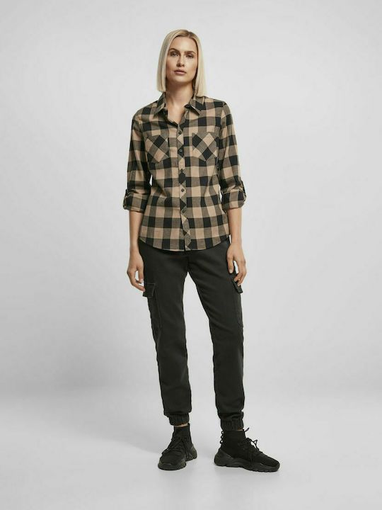 TB1280 Women's Checked Long Sleeve Shirt Black/Soft Taupe