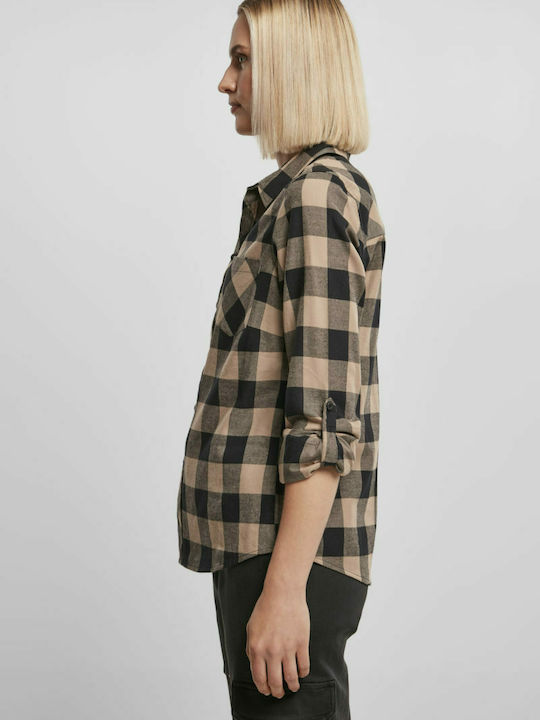 TB1280 Women's Checked Long Sleeve Shirt Black/Soft Taupe