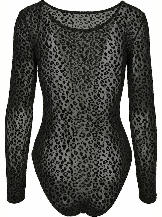 Long Sleeve Bodysuit with Transparency Regular Fit Black