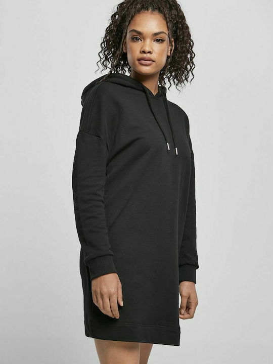 Mini Sportliches Damenkleid Langärmelig mit Kapuze Schwarz